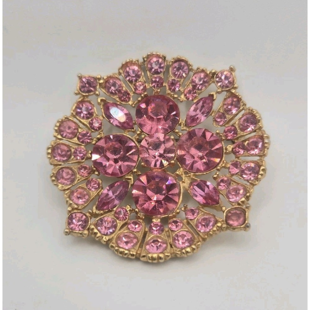 Weiss Vintage Pink Rhinestone Brooch Gold Tone Domed Tiered Floral Statement Pin